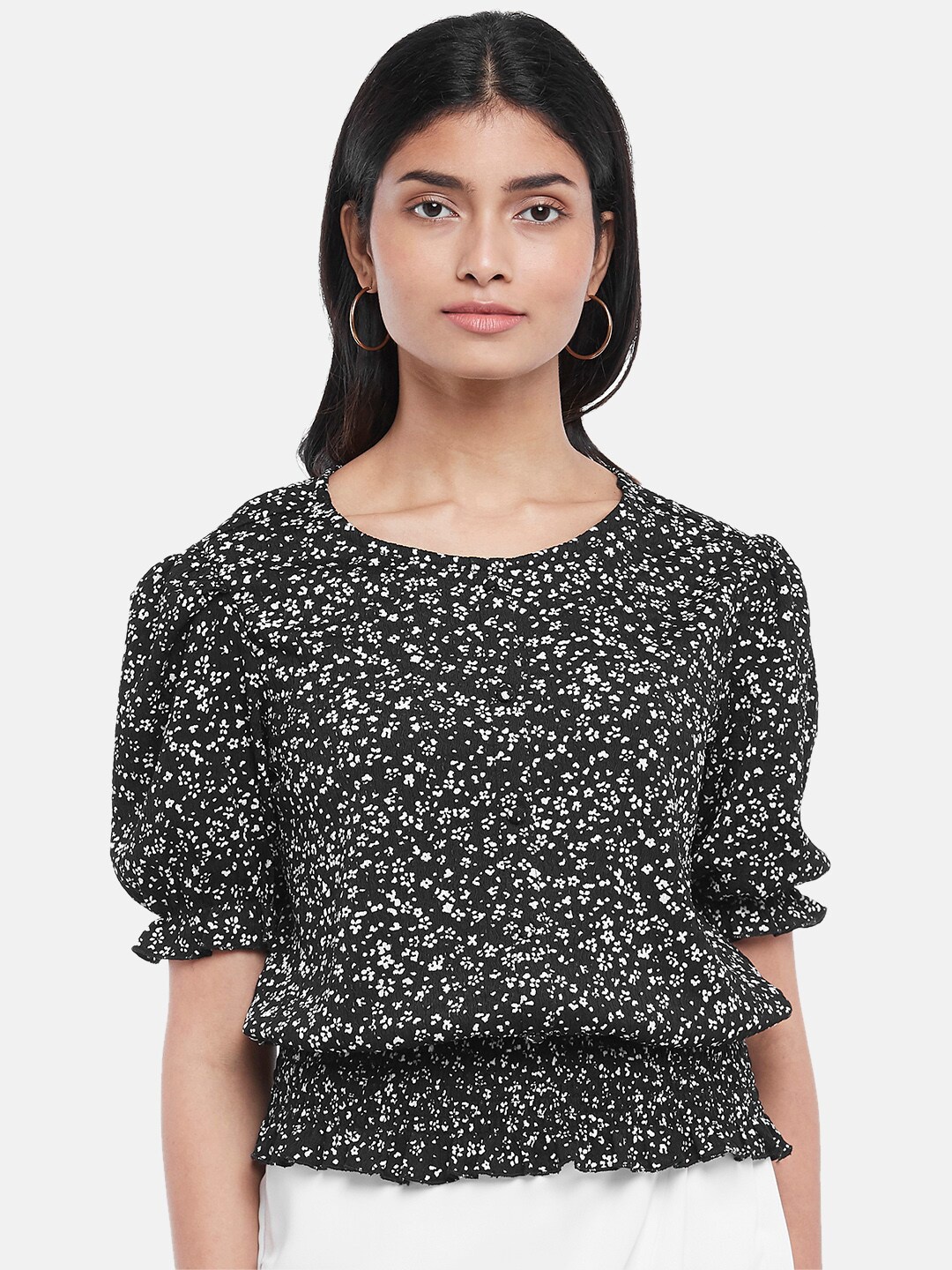 

Honey by Pantaloons Women Black Floral Print Blouson Top
