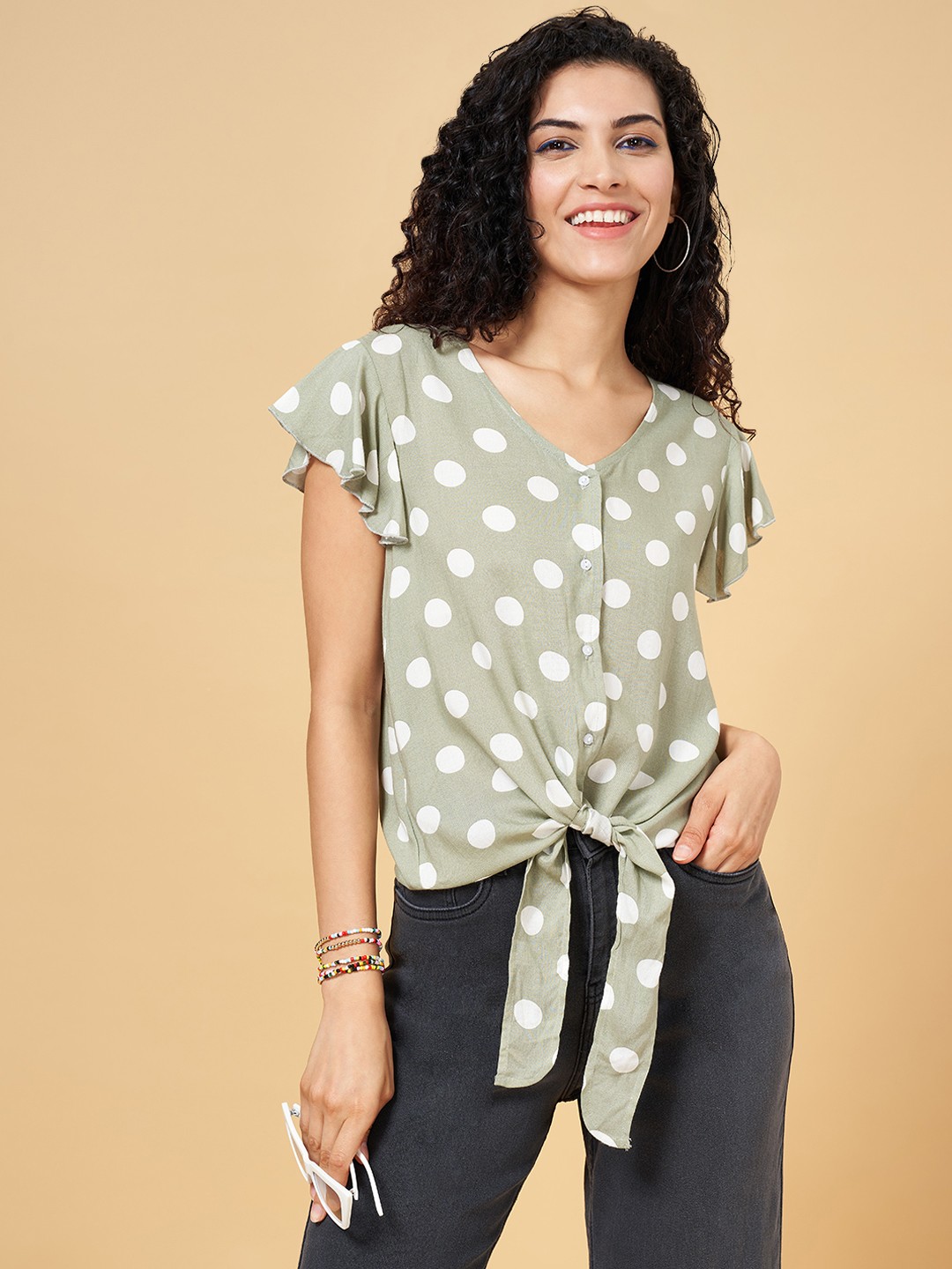 

People Women Olive Green Polka Dots Print Cotton Blend Top