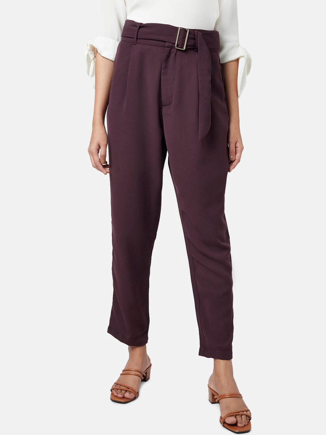 

Annabelle by Pantaloons Women Burgundy Tapered Fit High-Rise Pleated Trousers