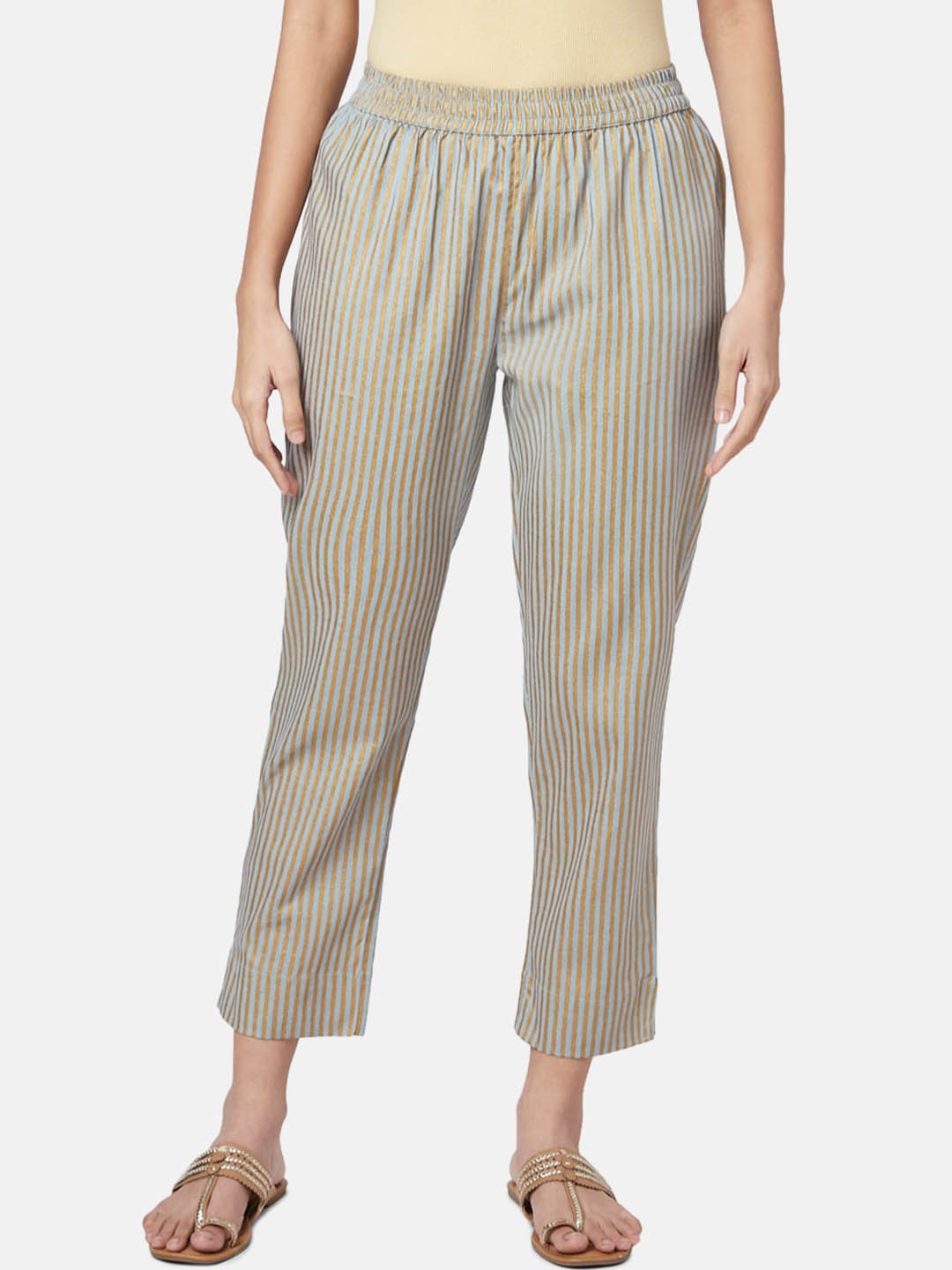 

RANGMANCH BY PANTALOONS Women Blue & Gold Toned Striped Trouser