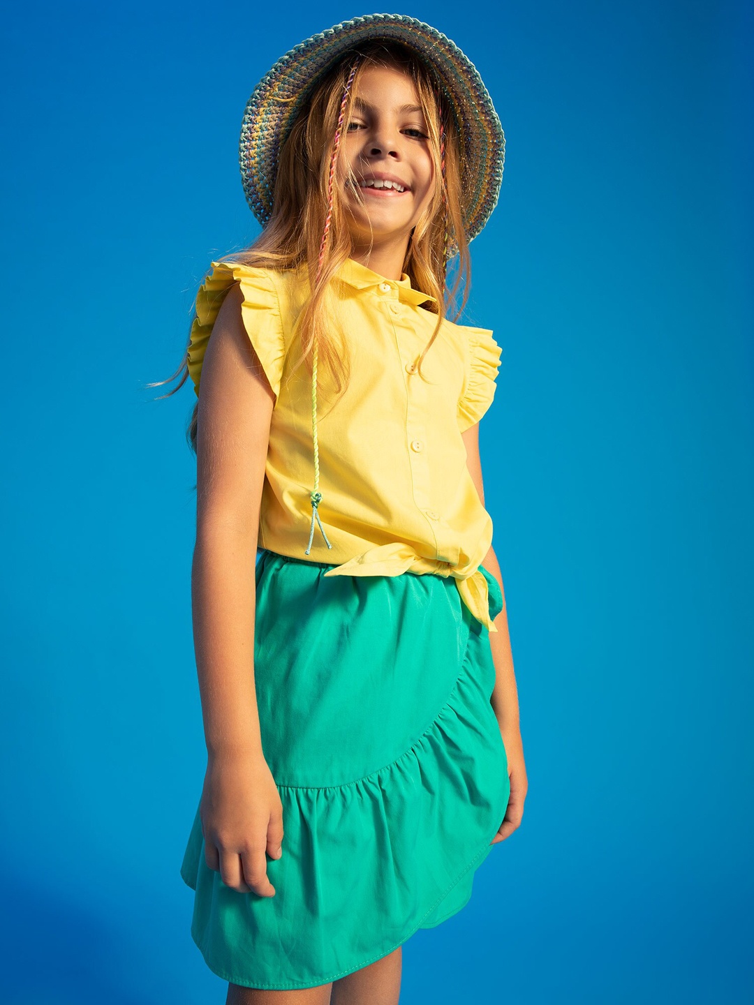 

DeFacto Girls Turquoise Blue Solid Overlap Pure Cotton A-Line Tulip Hem Skirt