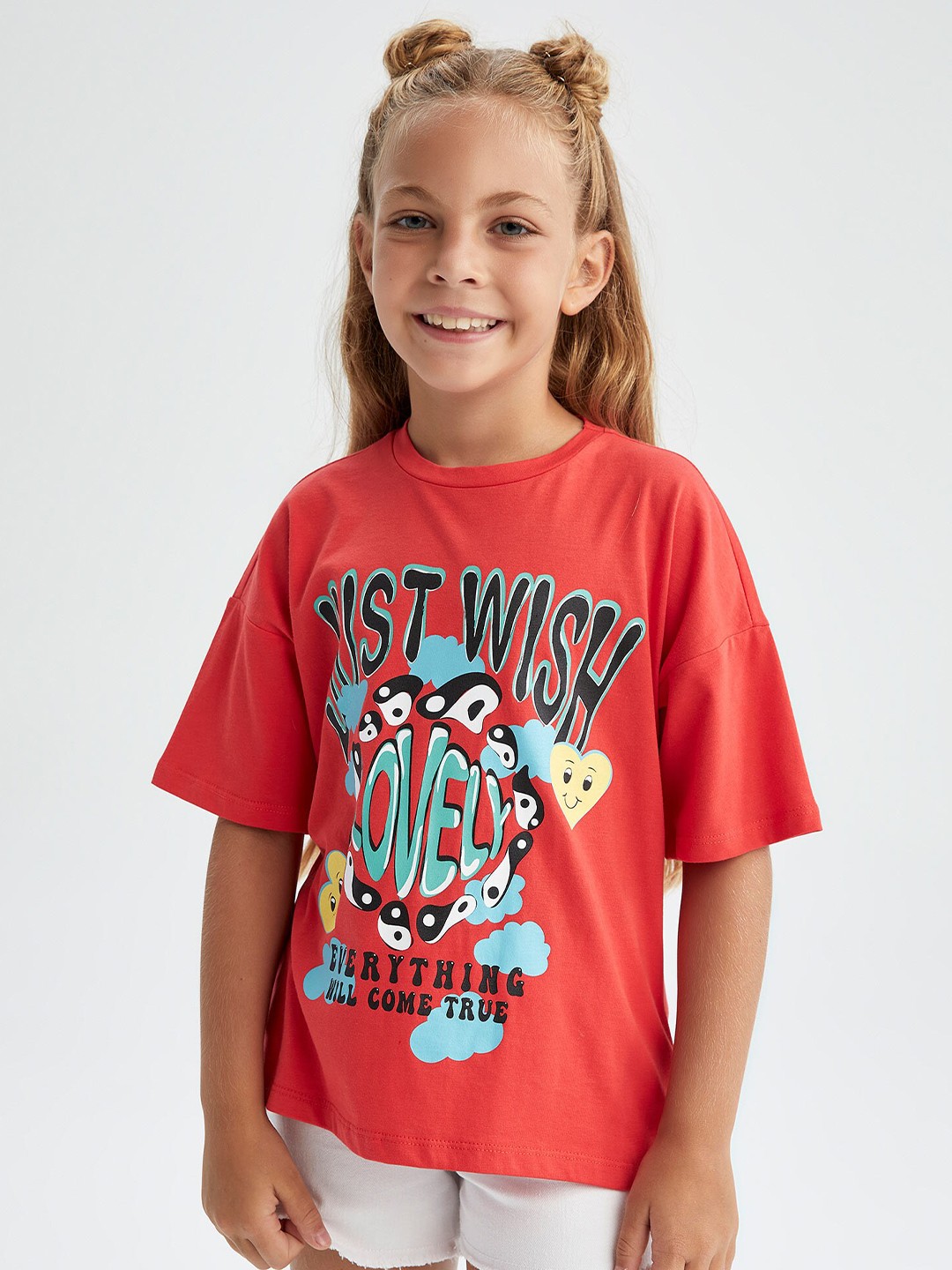 

DeFacto Girls Peach-Coloured Typography Printed Extended Sleeves Cotton T-shirt