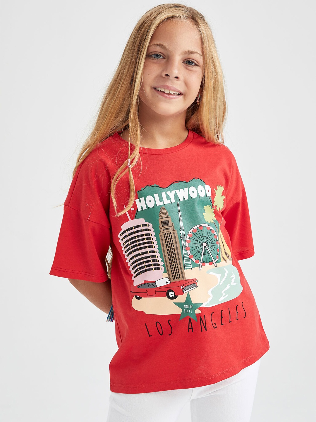 

DeFacto Girls Red Printed Drop-Shoulder Sleeves T-shirt