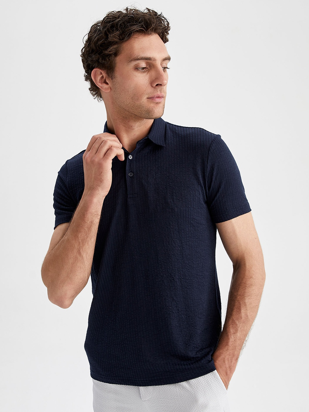 

DeFacto Men Navy Blue Plus Size Polo Collar Solid T-shirt