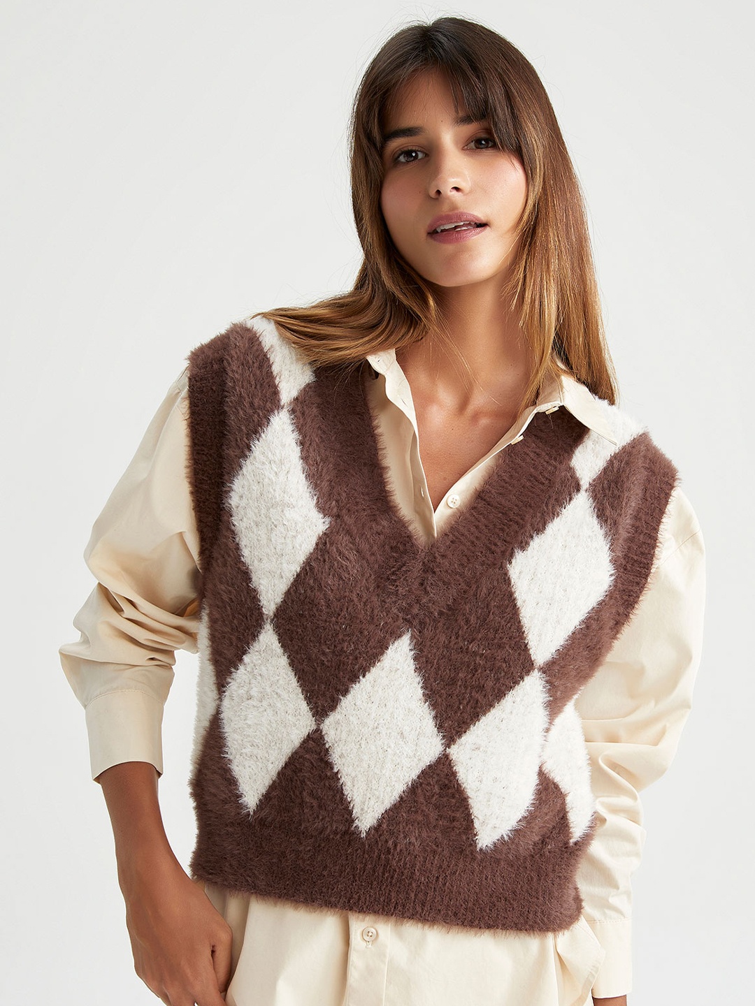 

DeFacto Women Brown & White Sweater Vest