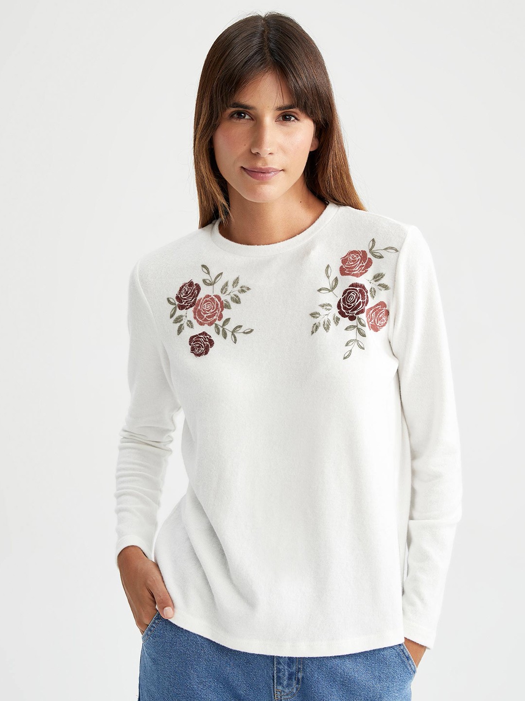 

DeFacto Women Plus Size White & Pink Floral Printed T-shirt