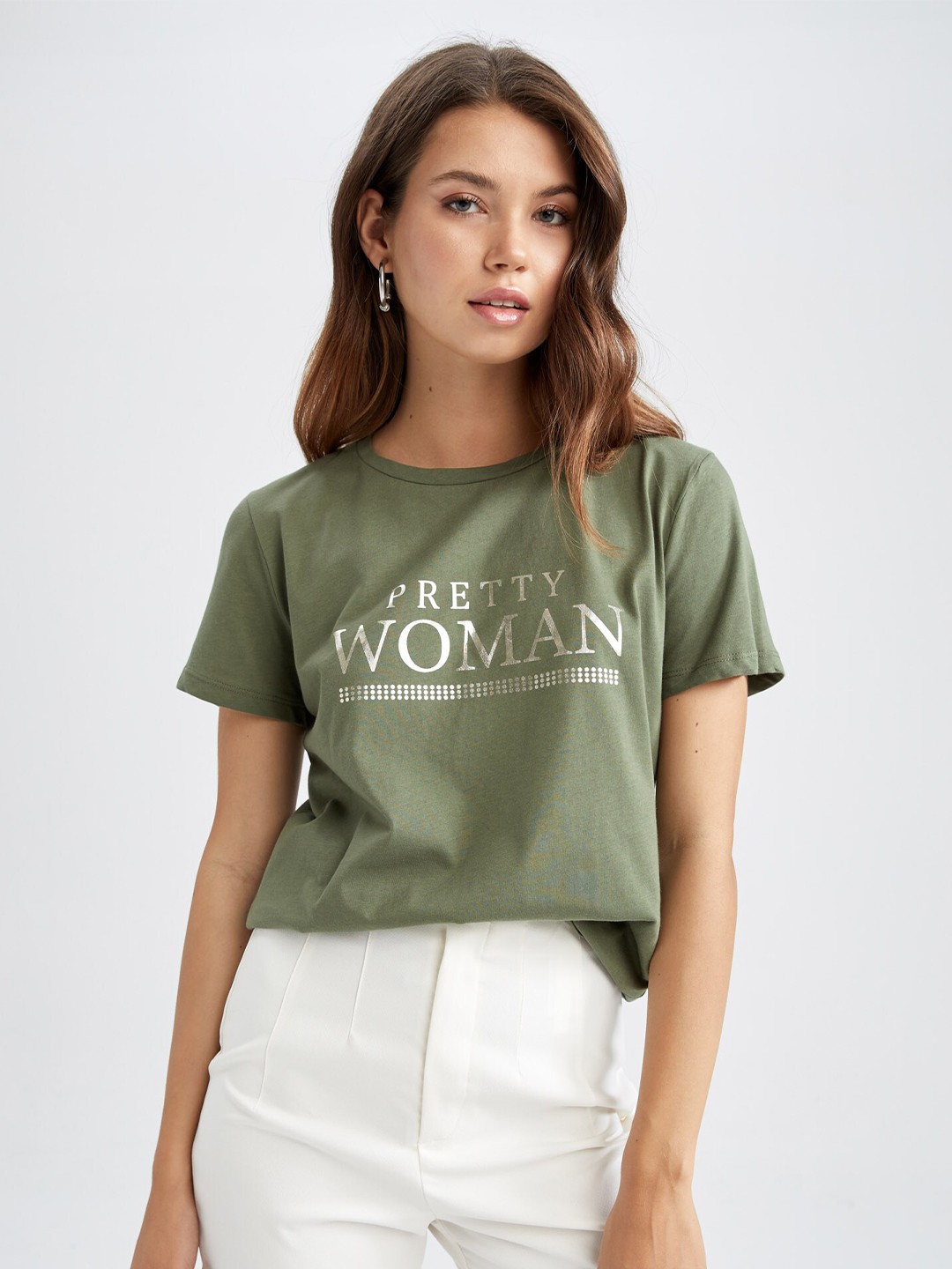 

DeFacto Women Olive Green & Silver-Toned Typography Printed Pure Cotton T-shirt