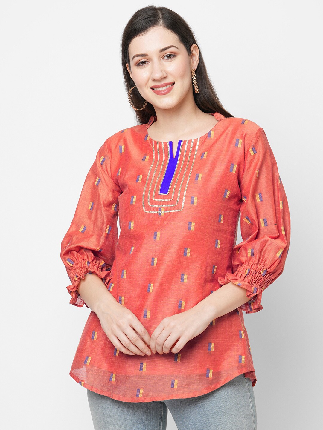 

Ayukti Orange & Blue Mandarin Collar Printed Tunic