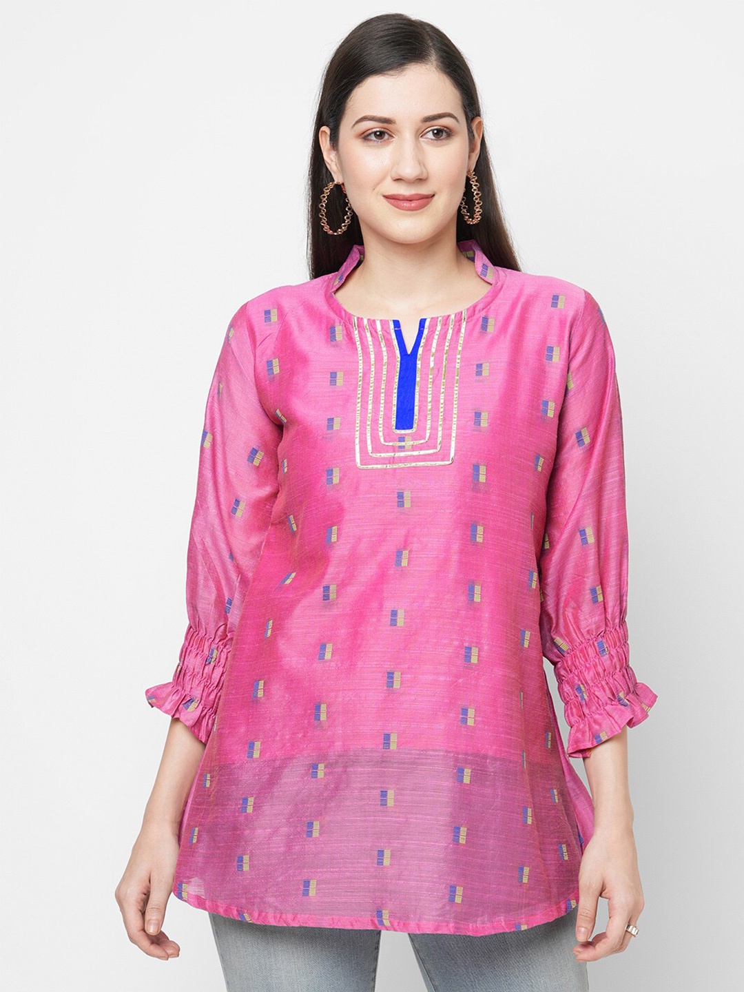 

Ayukti Women Pink & Blue Mandarin Collar Puff Sleeve Tunic Kurti
