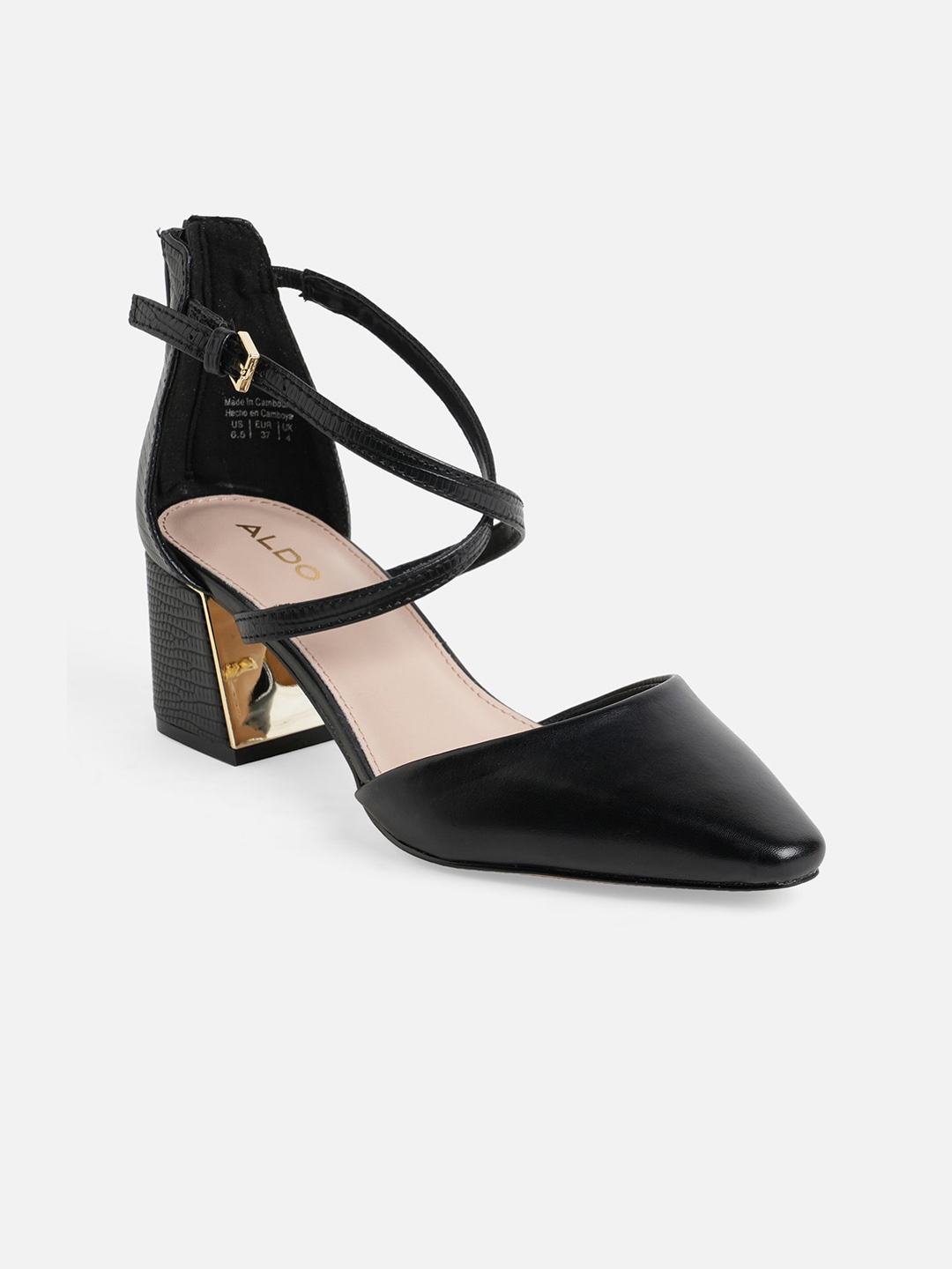 

ALDO Black Leather Block Sandals with Buckles Heels