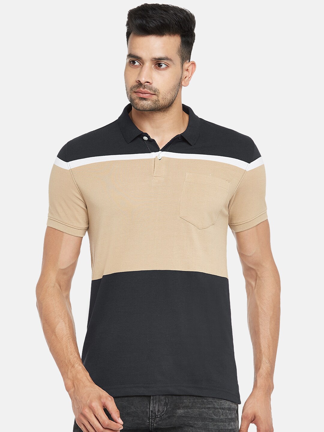 

BYFORD by Pantaloons Men Navy Blue Colourblocked Polo Collar Slim Fit Cotton T-shirt