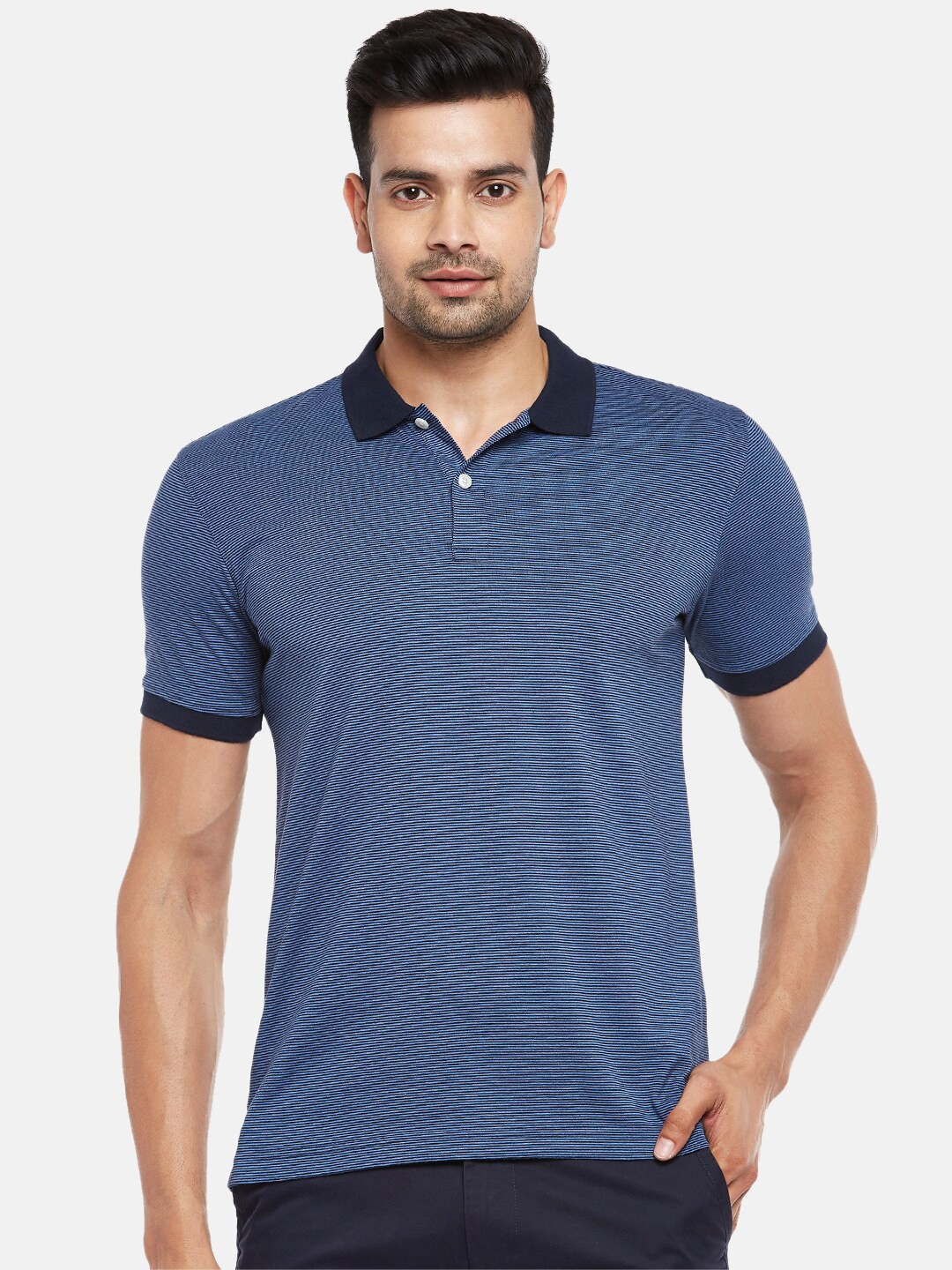 

BYFORD by Pantaloons Men Grey Striped Polo Collar Slim Fit T-shirt