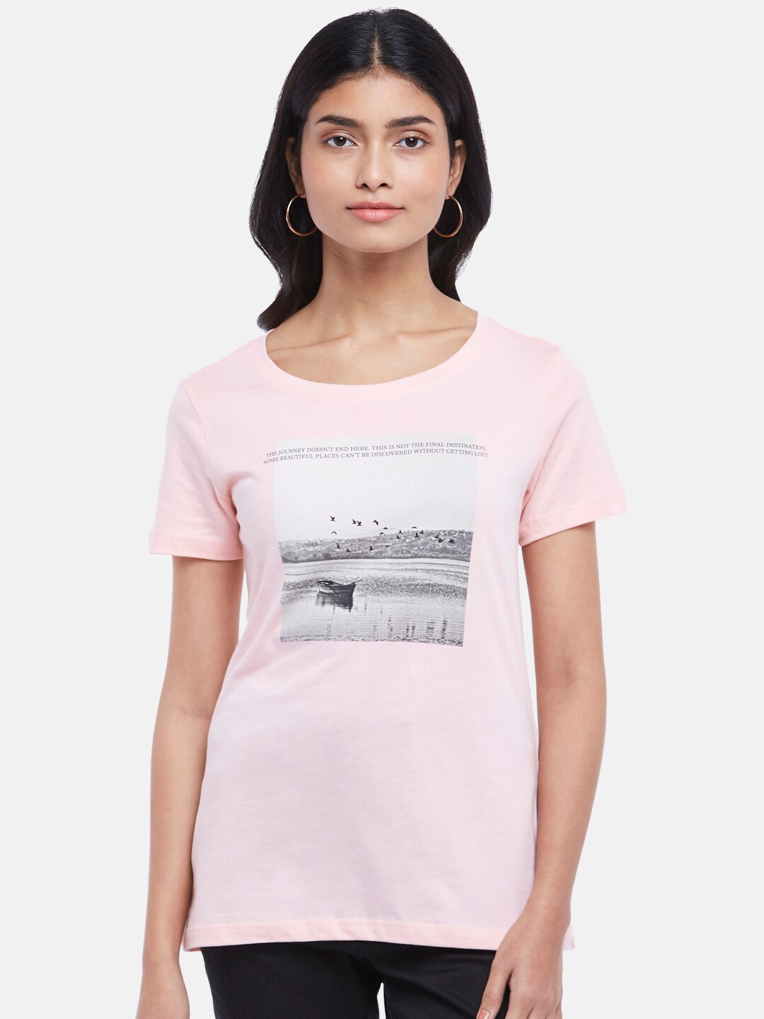 

Honey by Pantaloons Women Pink & Grey Cotton Printed T-shirt