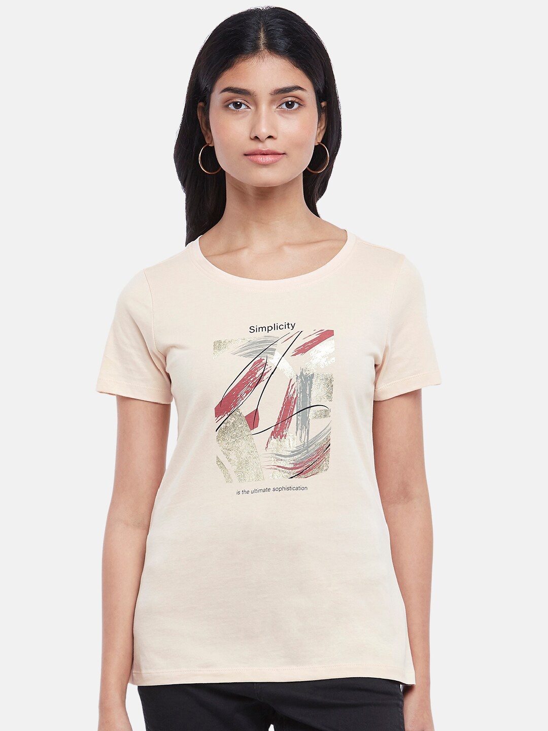 

Honey by Pantaloons Women Cream-Coloured Printed Cotton T-shirt