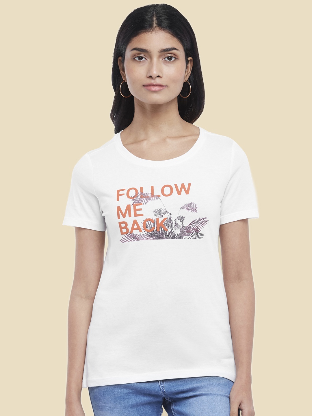 

Honey by Pantaloons Women White & Orange Typography Printed Cotton T-shirt