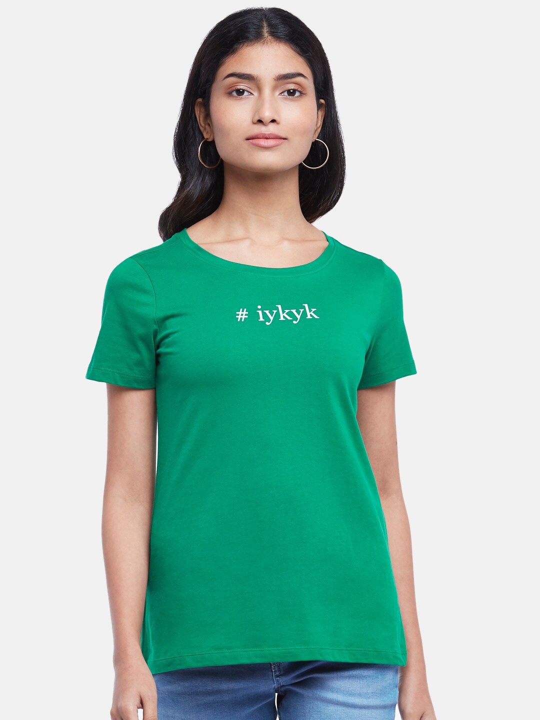 

Honey by Pantaloons Women Green Typography Printed Cotton T-shirt