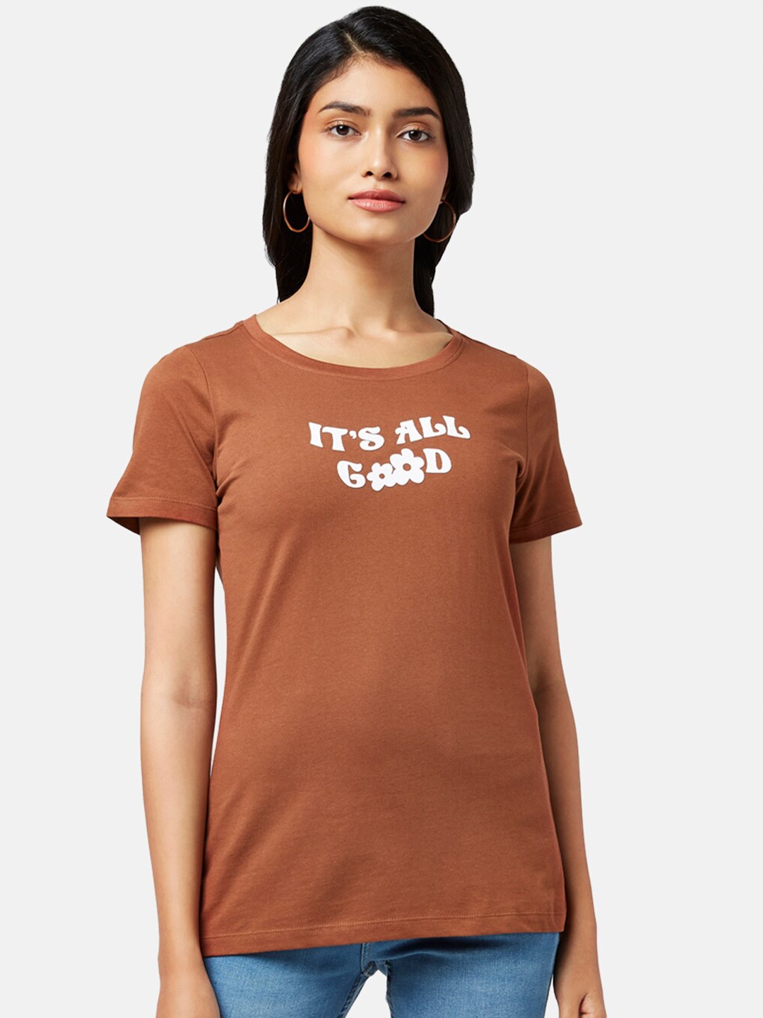 

Honey by Pantaloons Women Brown Typography Printed Cotton T-shirt