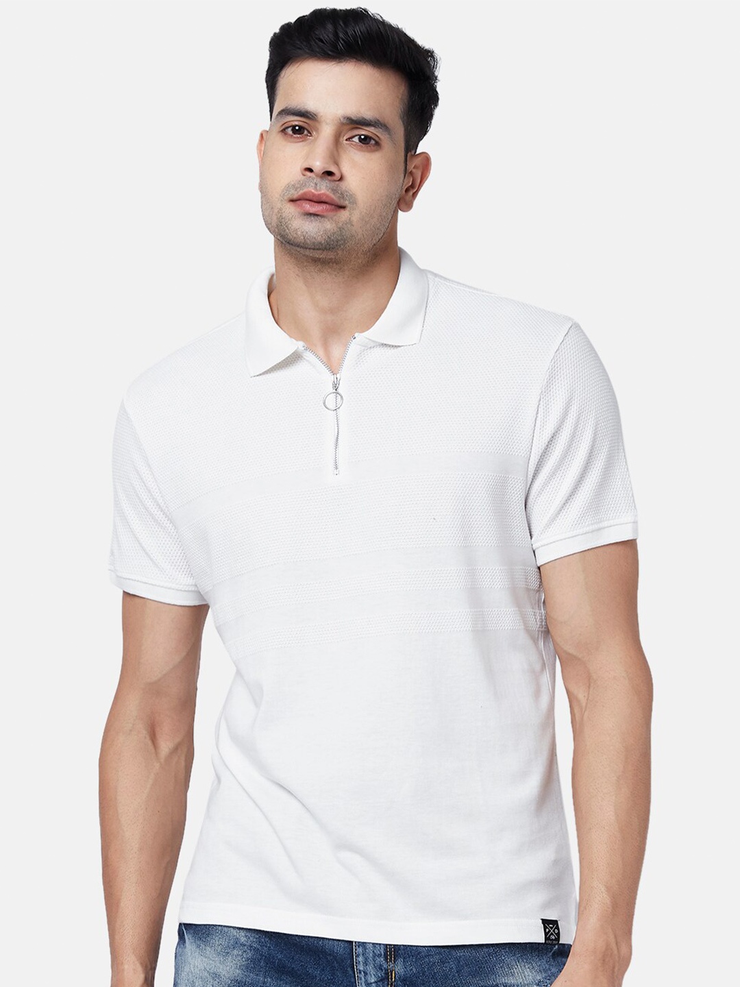 

People Men White Solid Cotton Polo Collar T-shirt