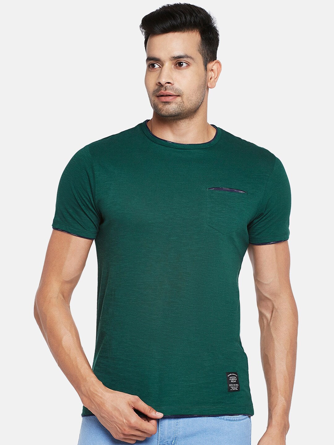

People Men Green Solid Pocket Detailing T-shirt