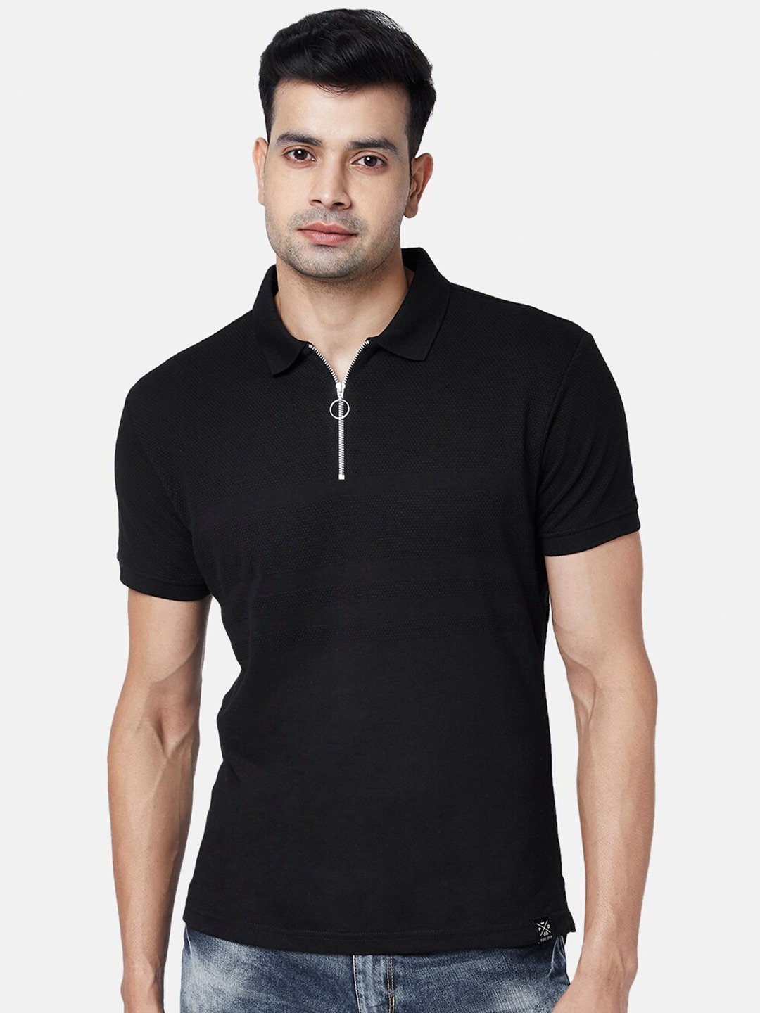 

People Men Black Polo Collar Slim Fit Cotton T-shirt