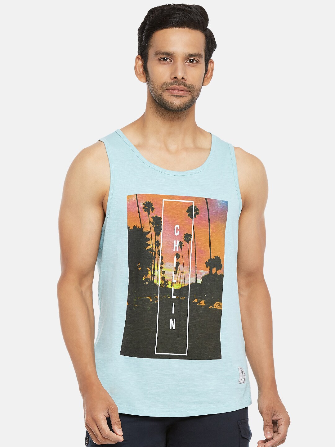 

People Men Blue Printed Sleeveless Cotton T-shirt