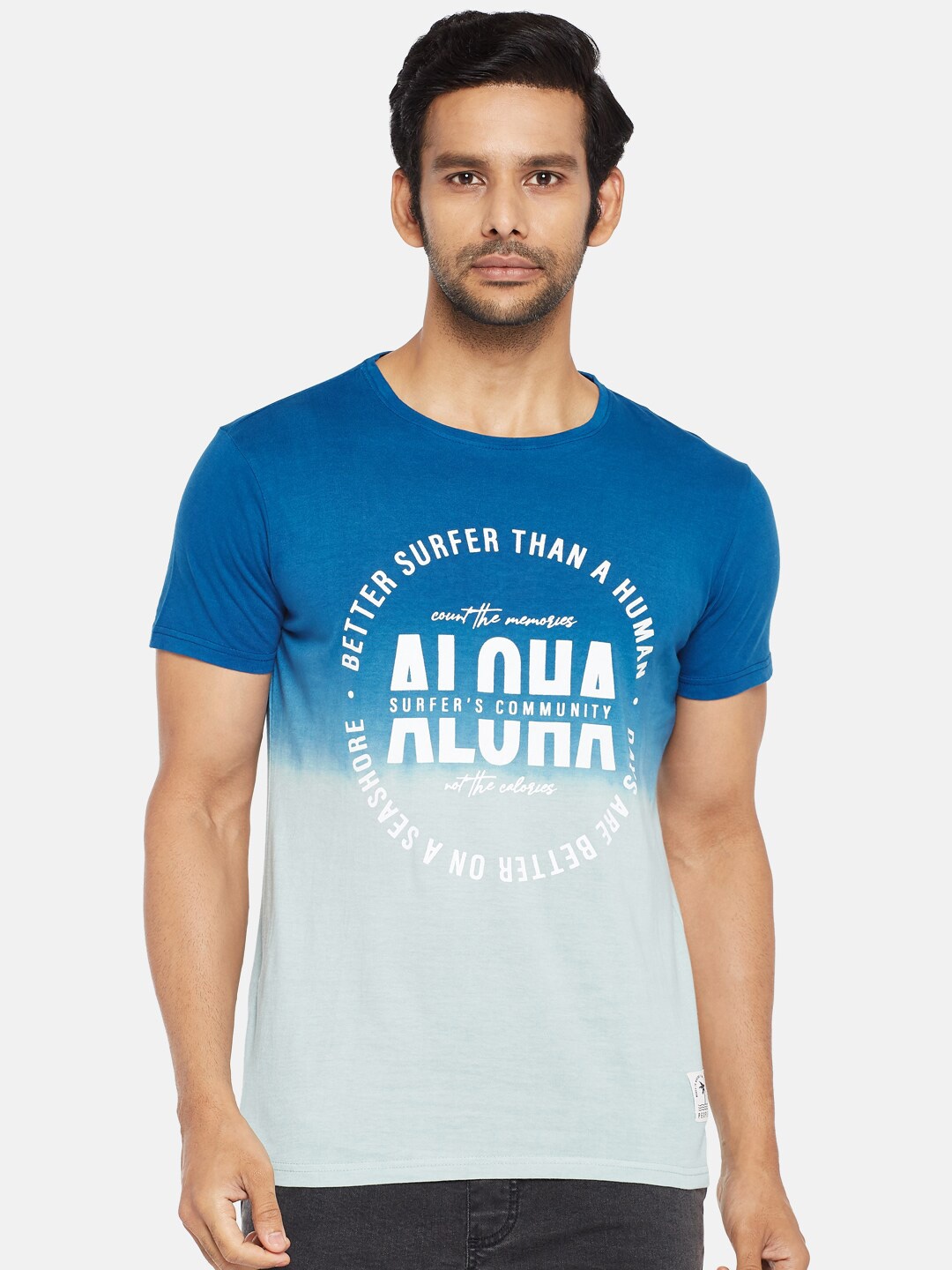 

People Men Blue & Off White Typography Printed Cotton T-shirt