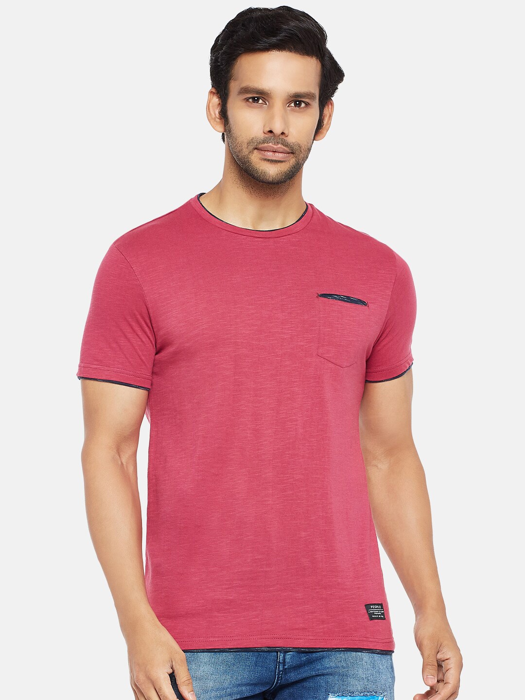 

People Men Maroon Solid Cotton T-shirt