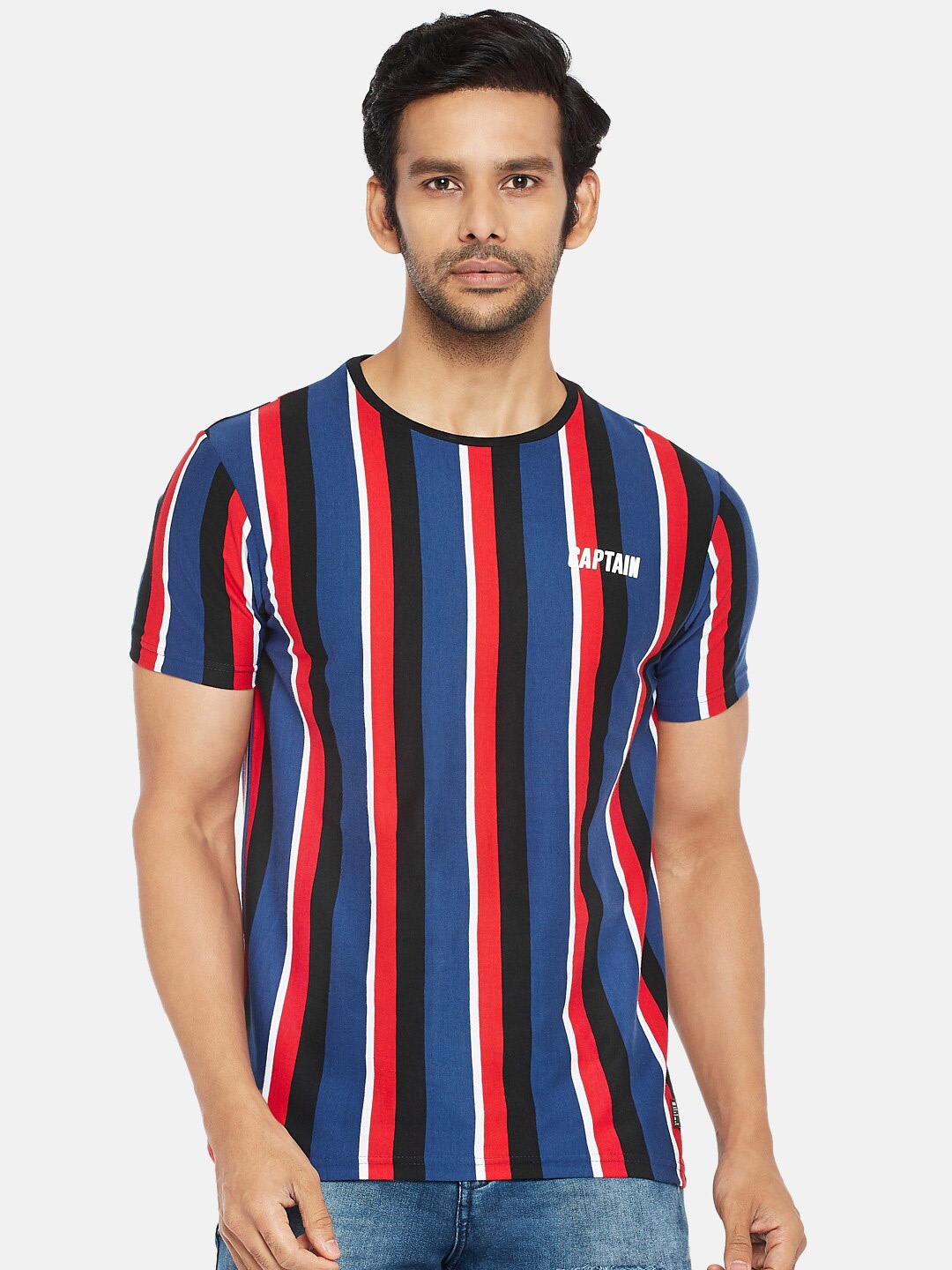 

People Men Blue & Red Striped T-shirt