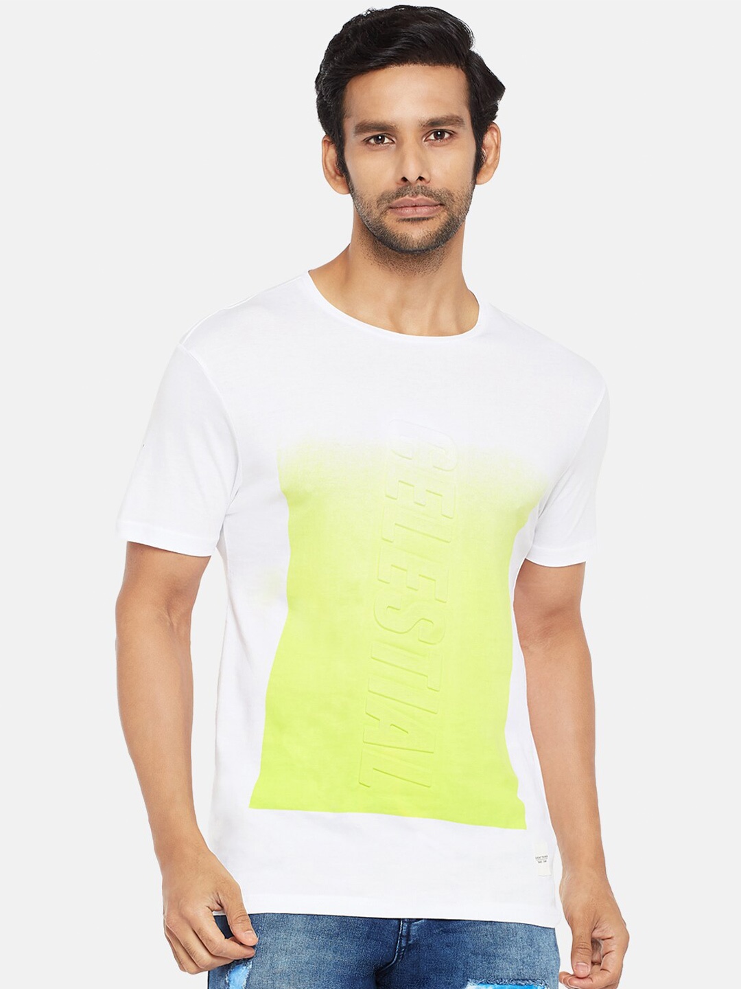 

People Men White & Yellow Typography T-shirt, Off white