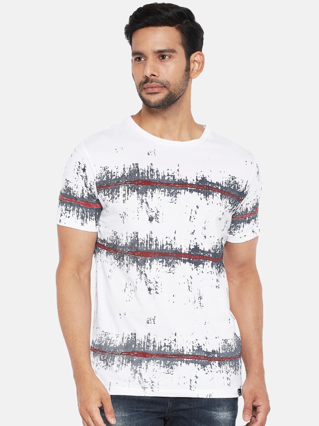 

People Men White & Grey Abstract Printed Cotton T-shirt