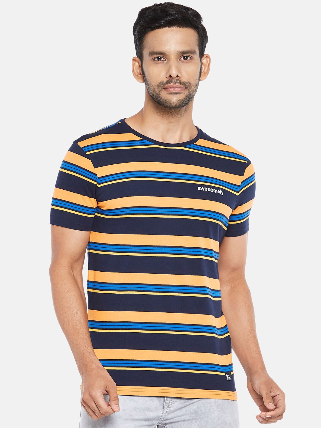 

People Men Orange & Blue Striped Cotton T-shirt