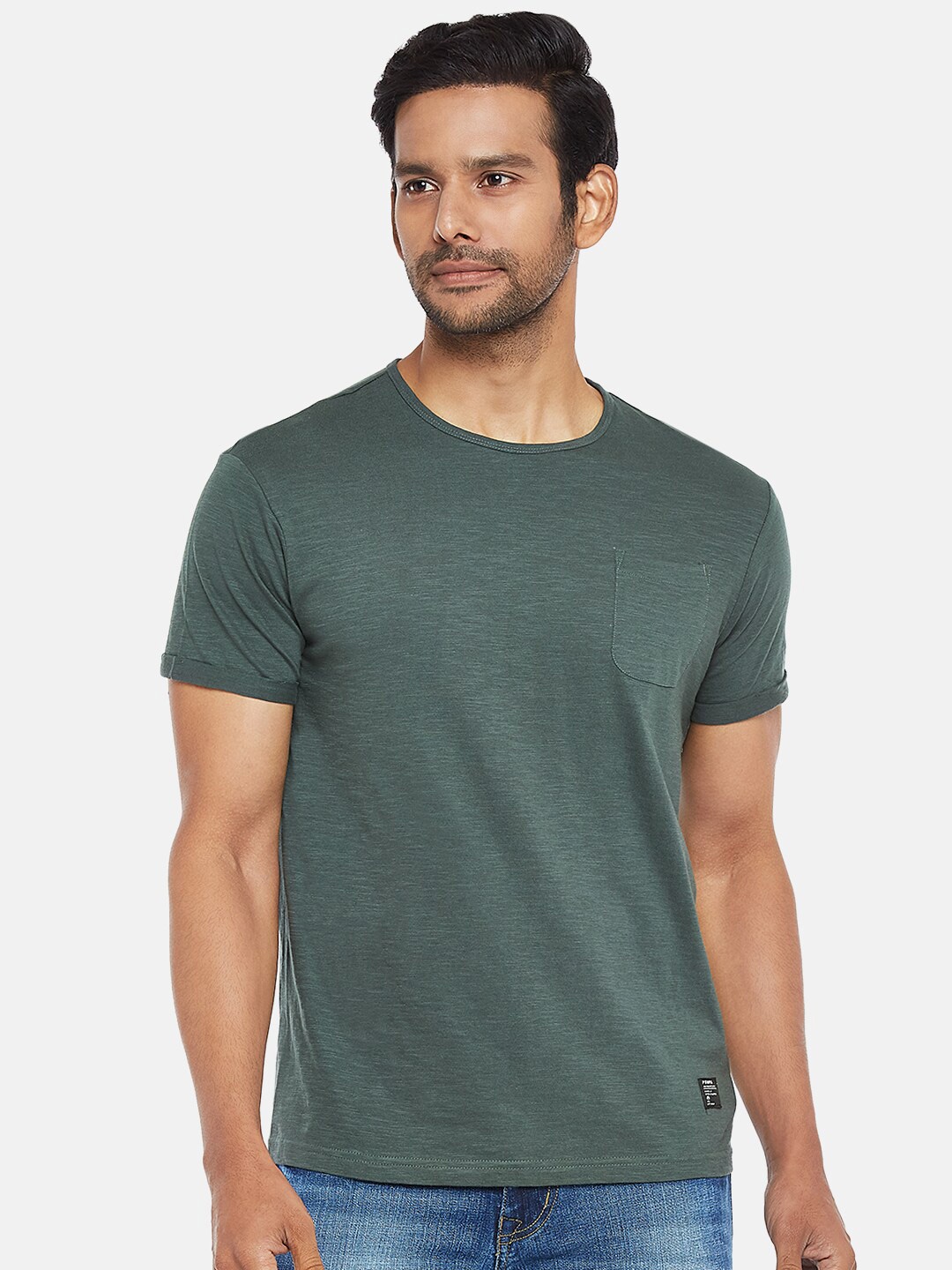 

People Men Olive Green Solid Cotton T-shirt