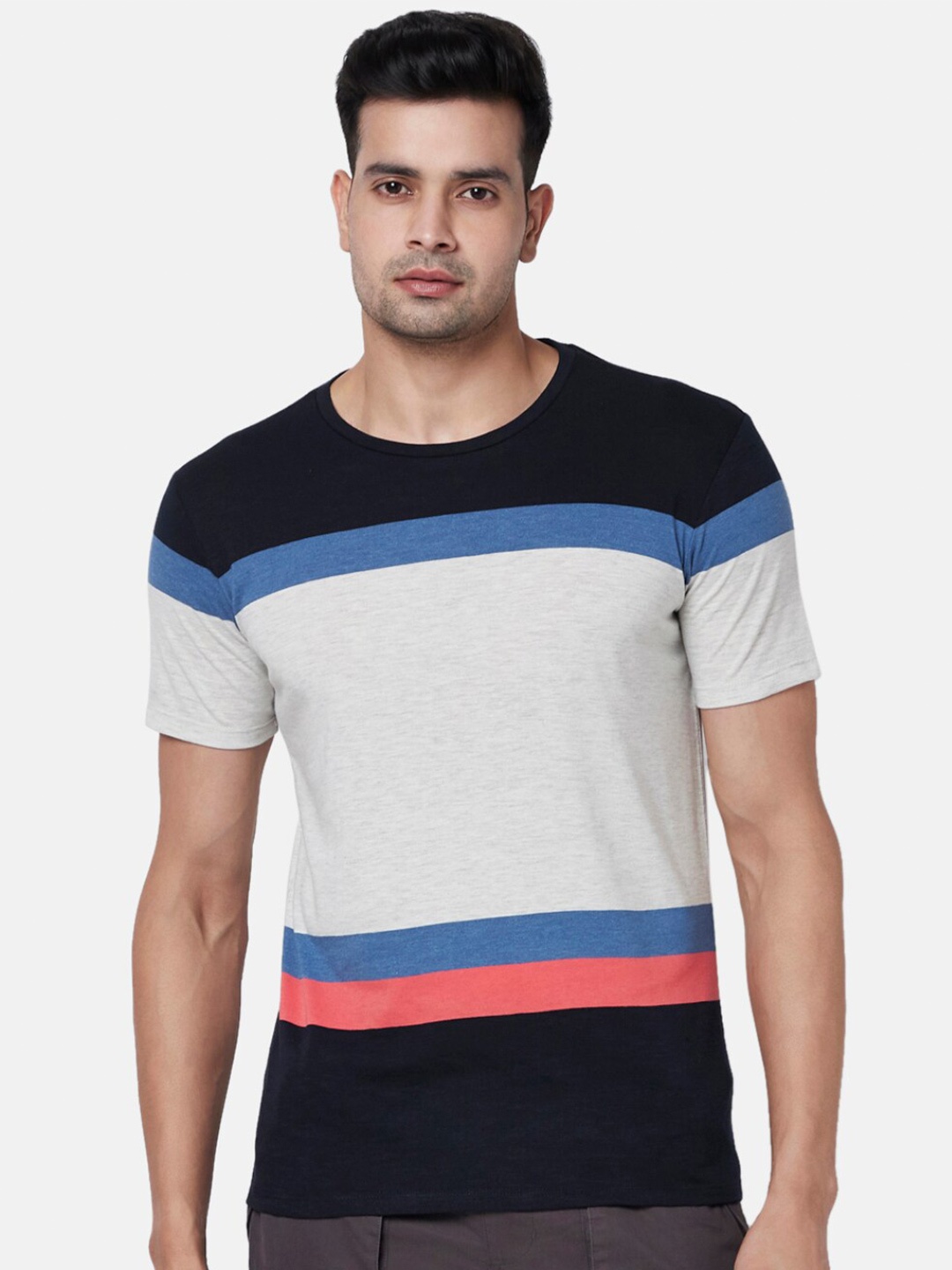 

Urban Ranger by pantaloons Men Navy Blue & Off White Colourblocked Slim Fit Cotton T-shirt