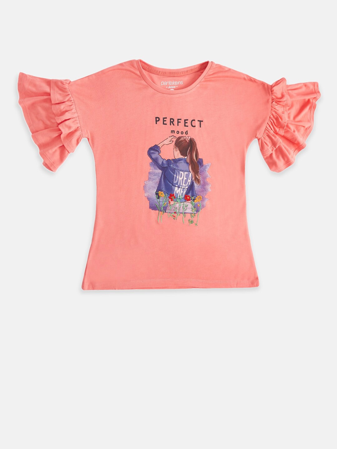 

Pantaloons Junior Girls Coral Printed Layered Sleeves Cotton T-shirt