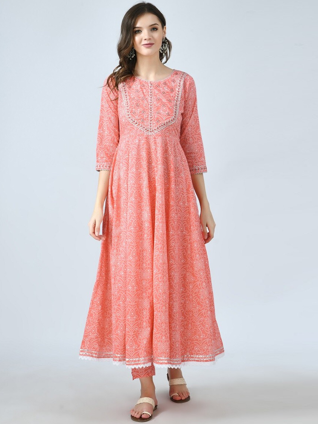 

KALINI Women Peach-Coloured Bandhani Printed Kurta with Trousers