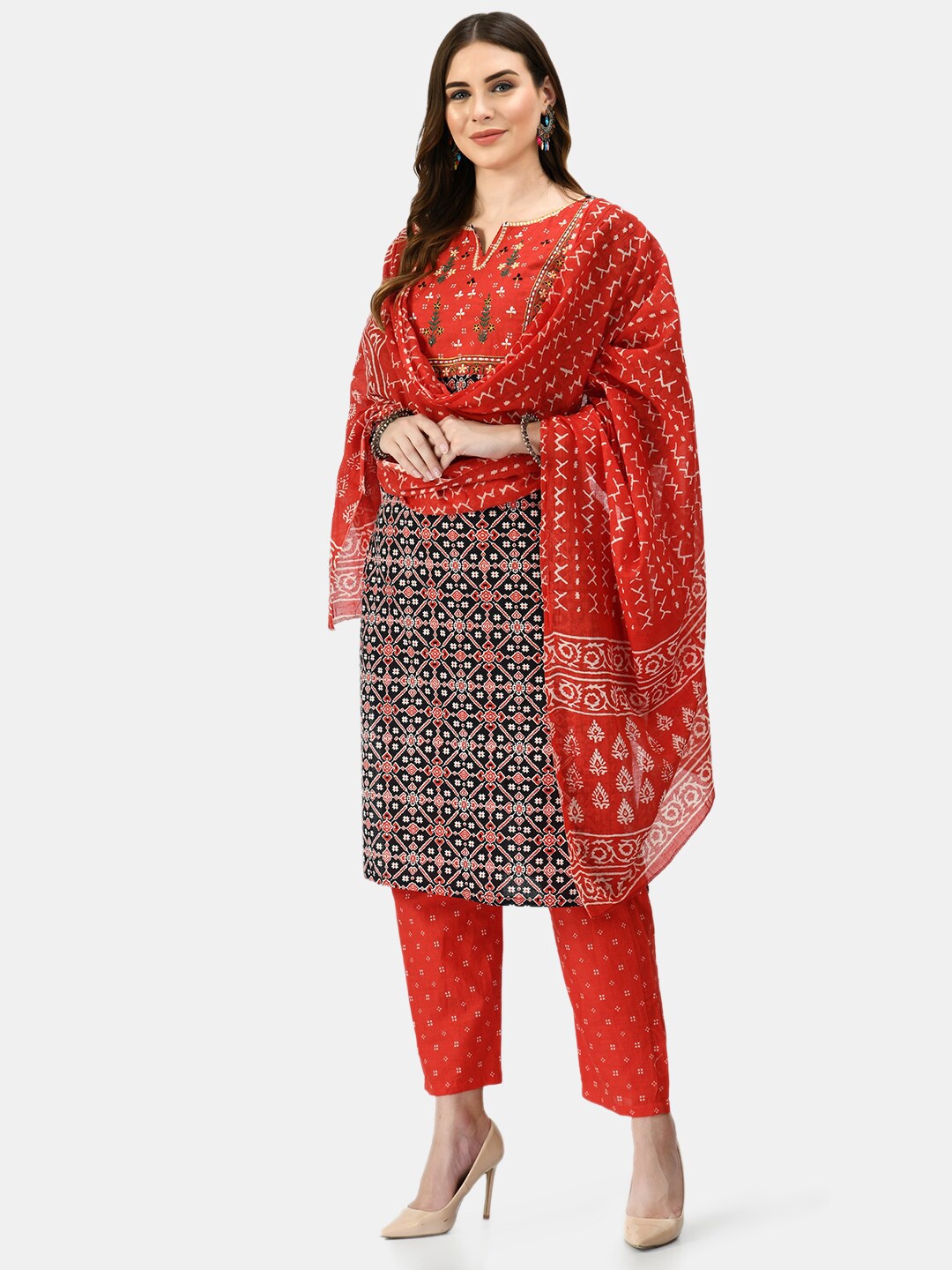 

KALINI Women Maroon Floral Embroidered Pure Cotton Kurta with Trousers & Dupatta