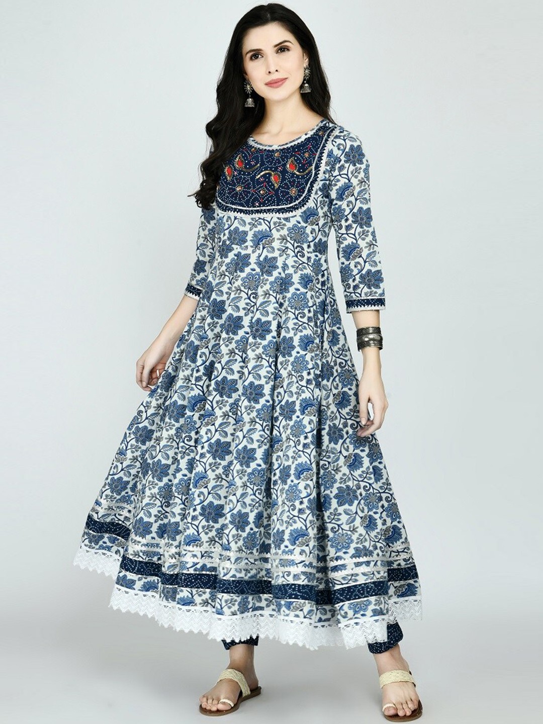 

KALINI Women Blue Floral Printed Mirror Work Kurta with Trousers