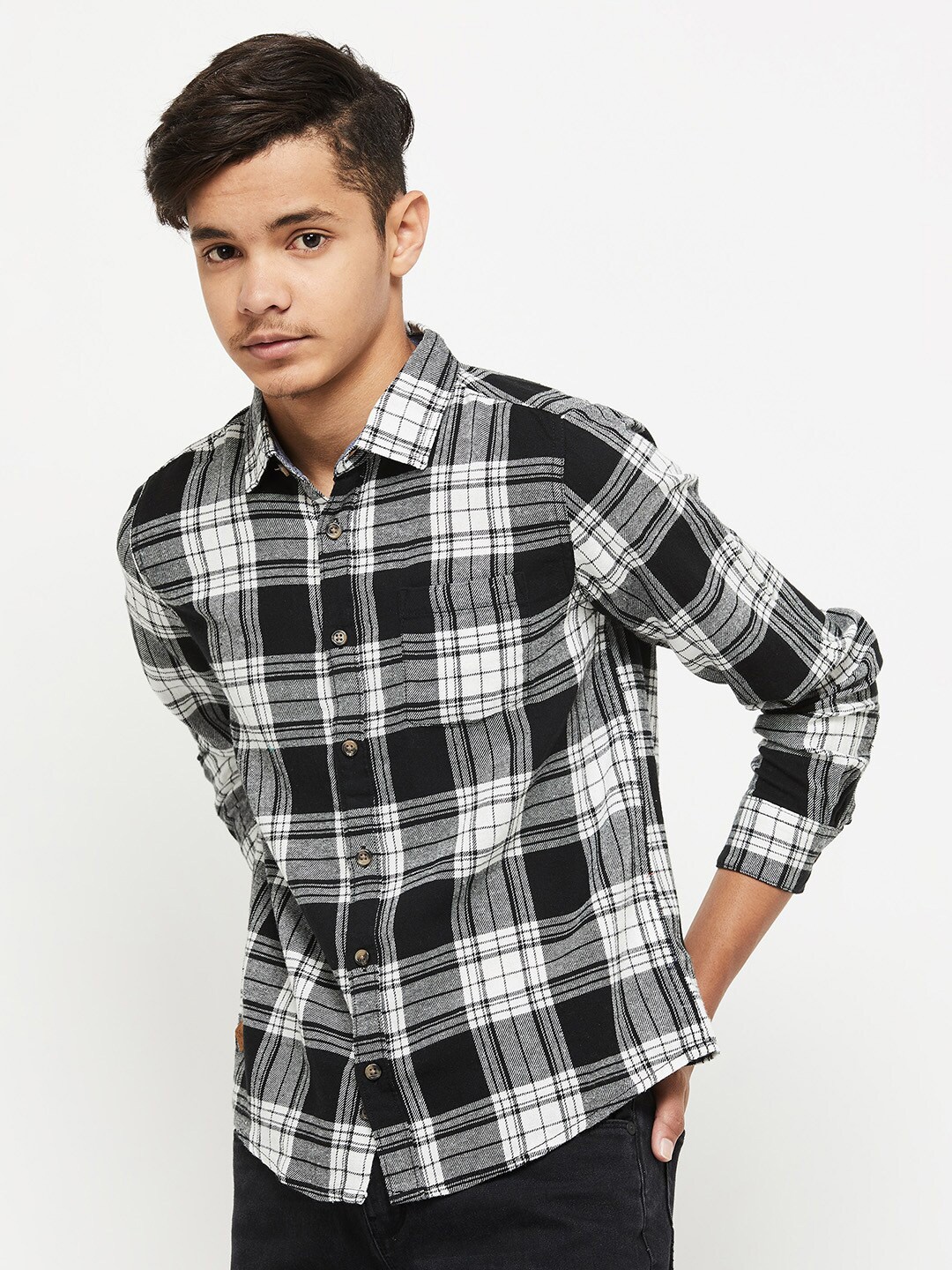 

max Boys Black Tartan Checked Cotton Casual Shirt