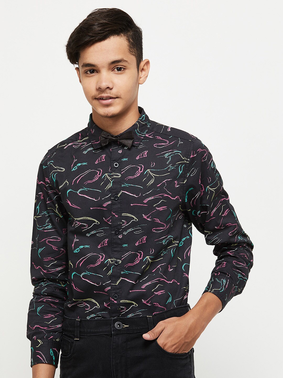 

max Boys Navy Blue Printed Casual Cotton Shirt