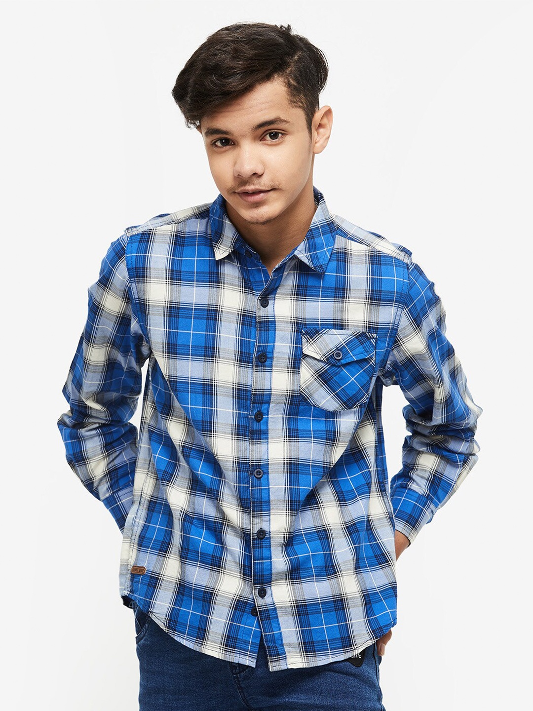 

max Boys Blue & Grey Tartan Checked Pure Cotton Casual Shirt