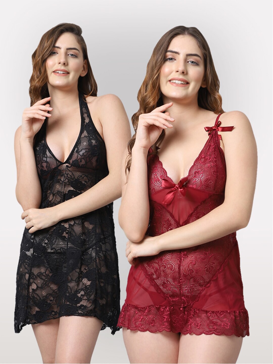 

Shararat Women Set Of 2 Lace Baby Dolls, Black