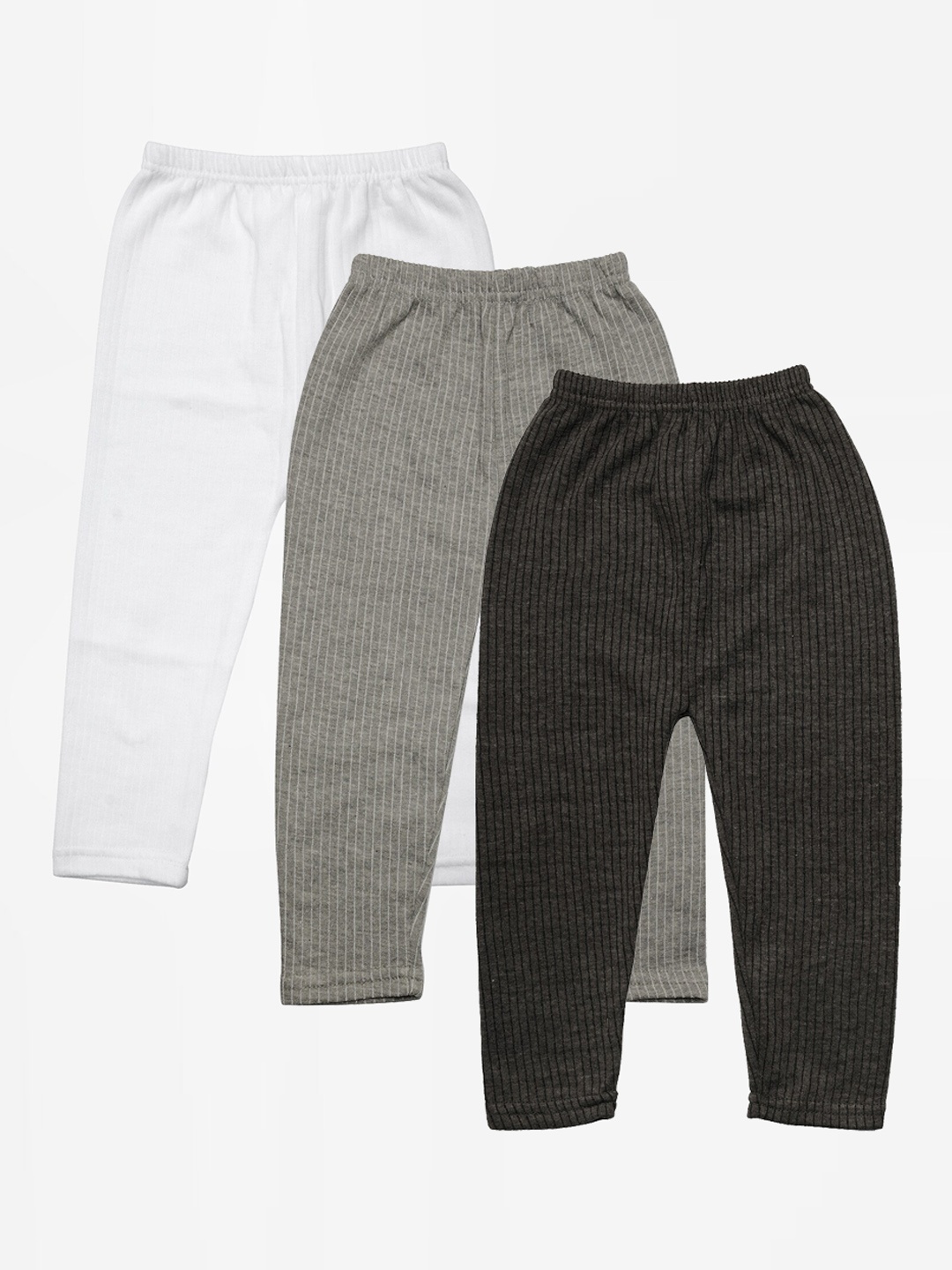 

TINY HUG Girls Pack Of 3 Striped Patterned Cotton Thermal Bottoms, Grey melange
