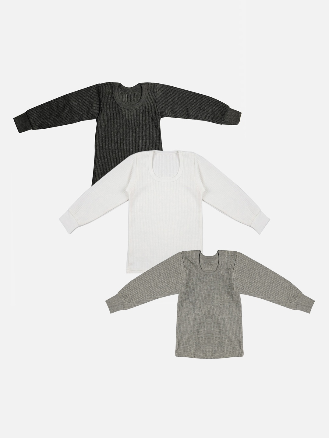 

TINY HUG Boys Pack Of 3 Grey & White Solid Cotton Thermal Tops, Grey melange