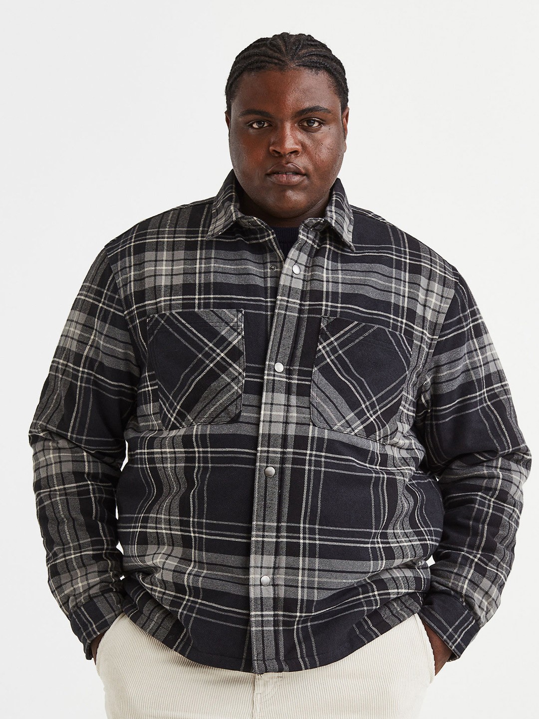 

H&M Men Black & Grey Checked Cotton Padded Overshirt