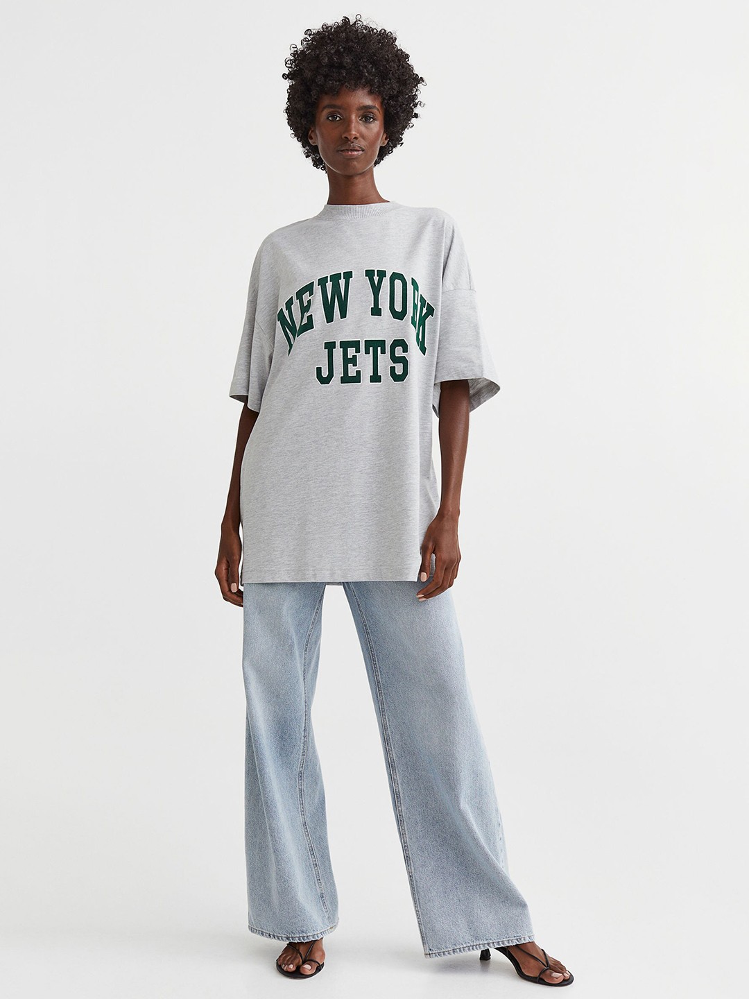 

H&M Women Grey Melange Long Printed T-shirt