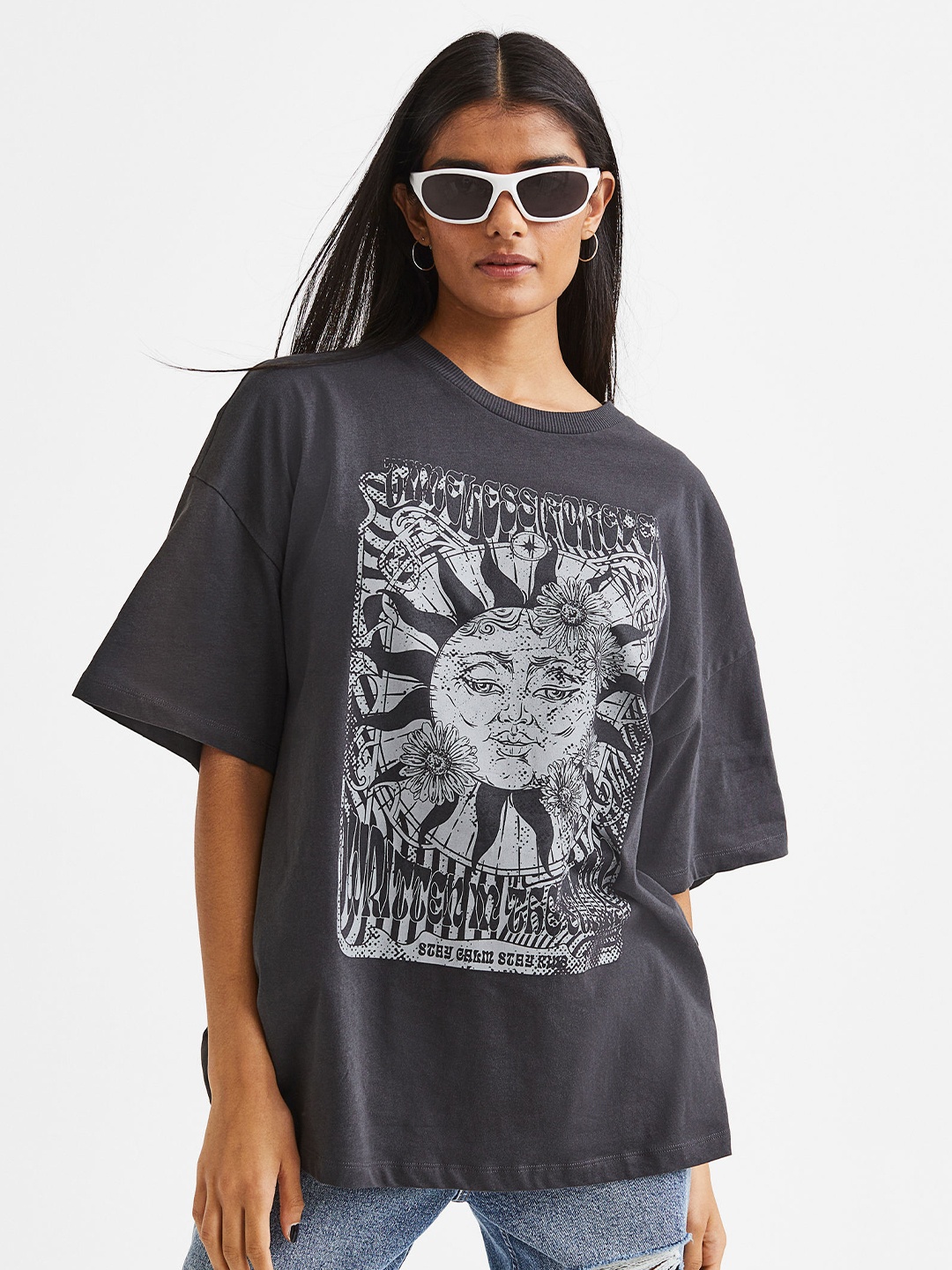 

H&M Women Graphic Printed Loose Cotton T-shirt, Black