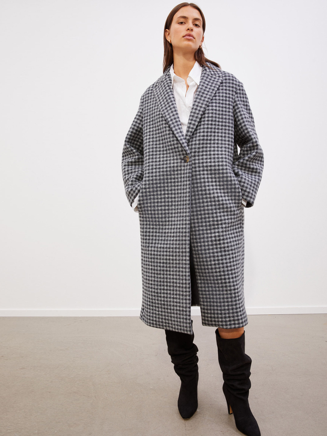 

H&M Women Black & White Checked Oversized Twill Coat