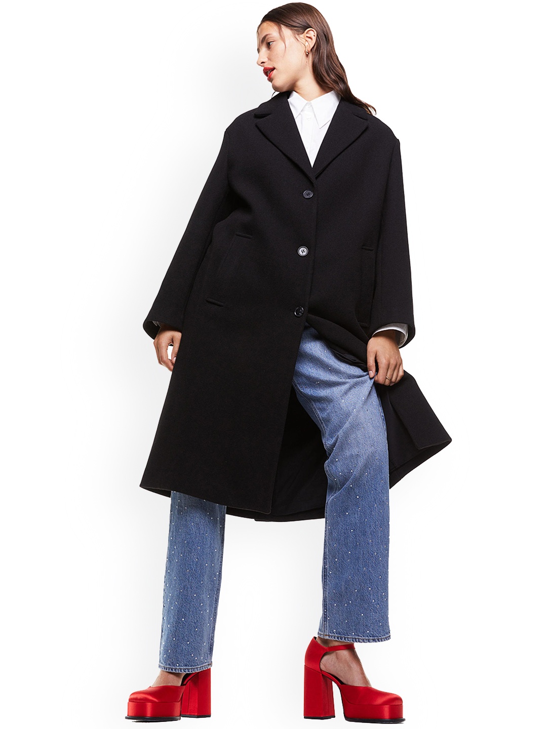

H&M Women Black Solid Single-breasted Overcoat