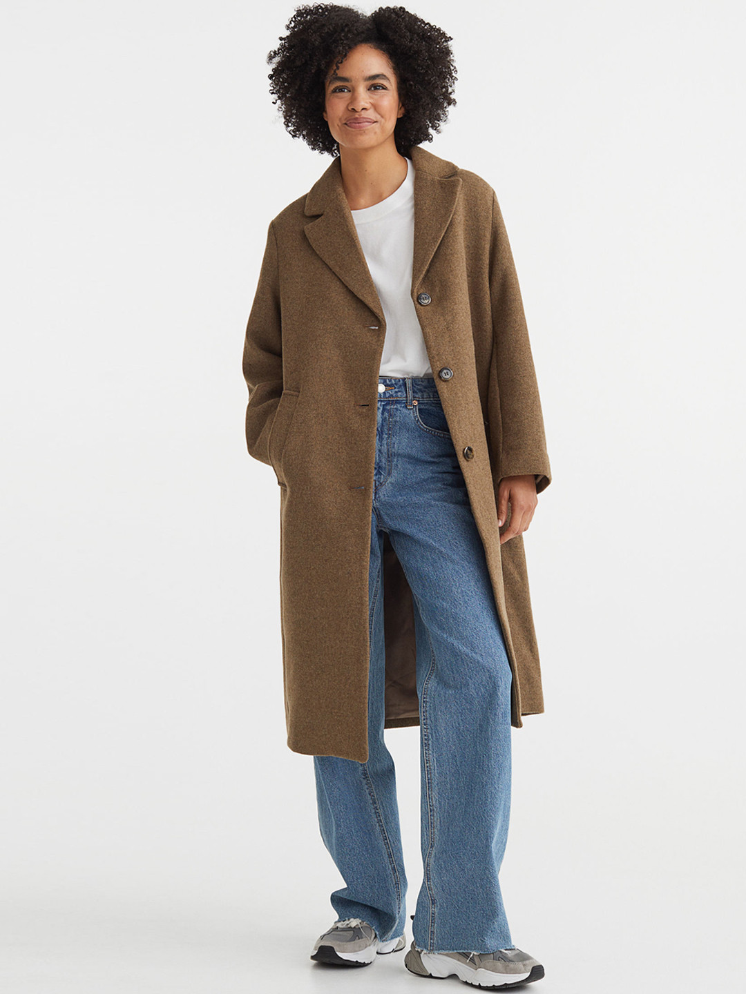 

H&M Women Khaki Solid Single-Breasted Coat