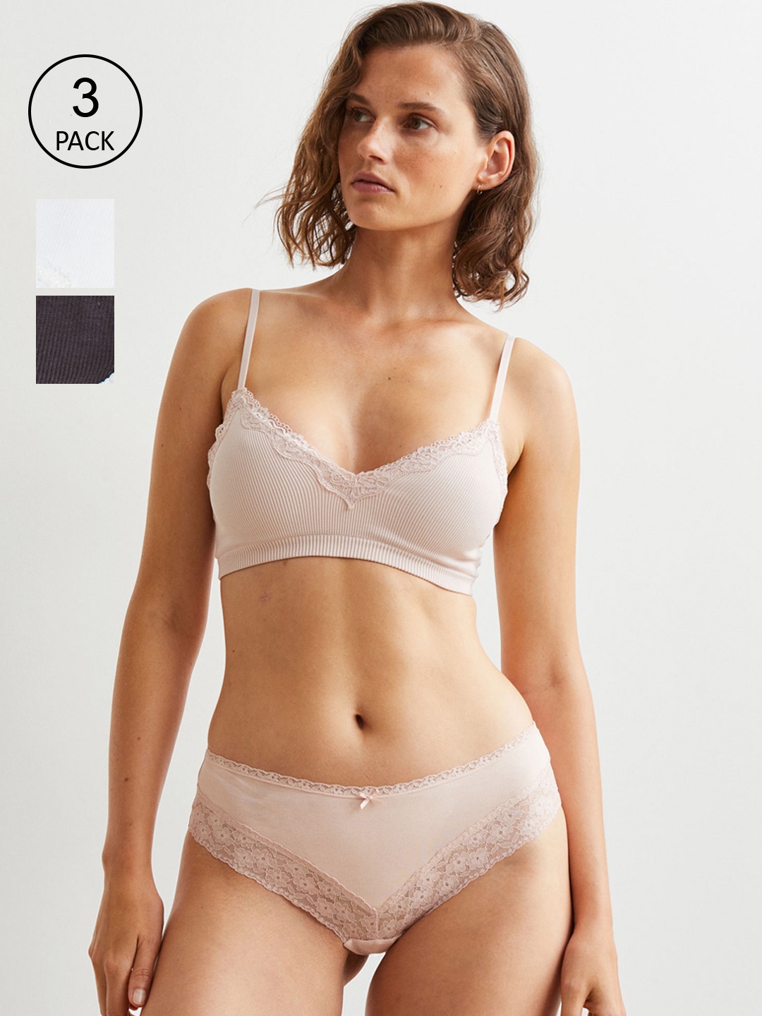 

H&M Women 3-Pack Lace-Trimmed Hipster Briefs, Charcoal